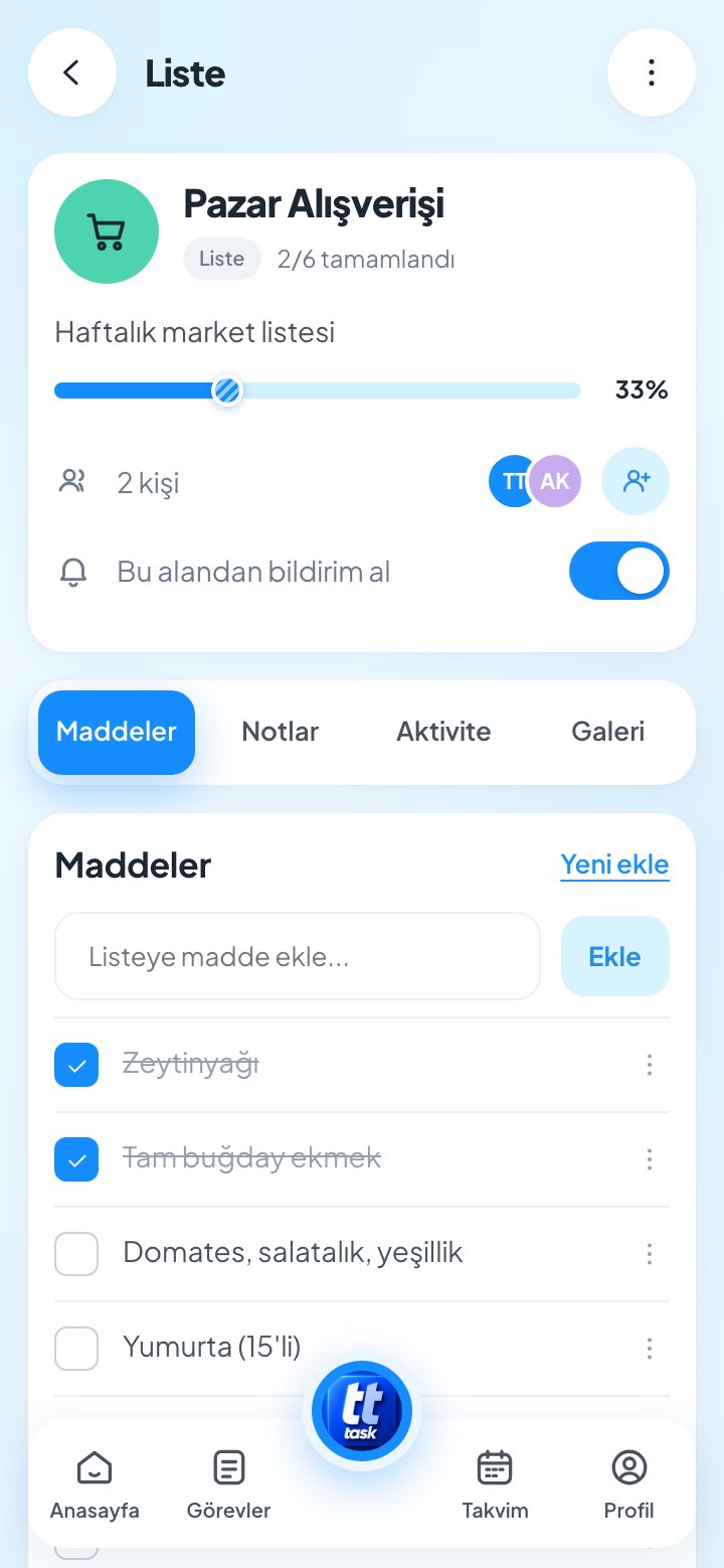 Aile ve ekiple aynı liste üzerinde